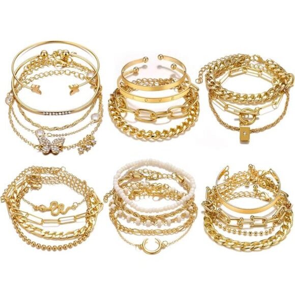 24 Gold Layered Bracelet Set – Stackable Adjustable Bangles & Chains for Women - Picture 1 of 6